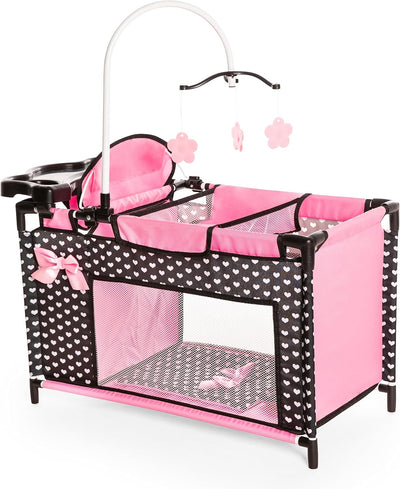 Bayer Baby Doll Furniture Set with Bed, Highchair & Hangers, Black/Pink | Nursery Station with Feeding Tray, Blanket, Pillow and Storage Compartment for 18 Inch Dolls. Encourages Roleplay