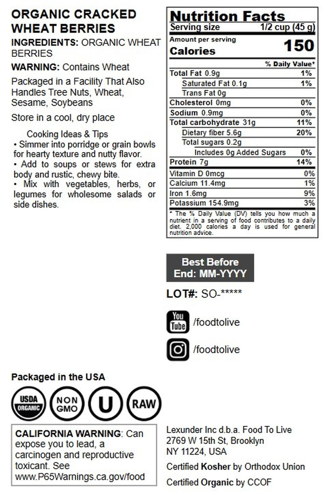 Organic Cracked Wheat Berries — Non-Gmo, Vegan, Kosher, Bulk — by Food to Live