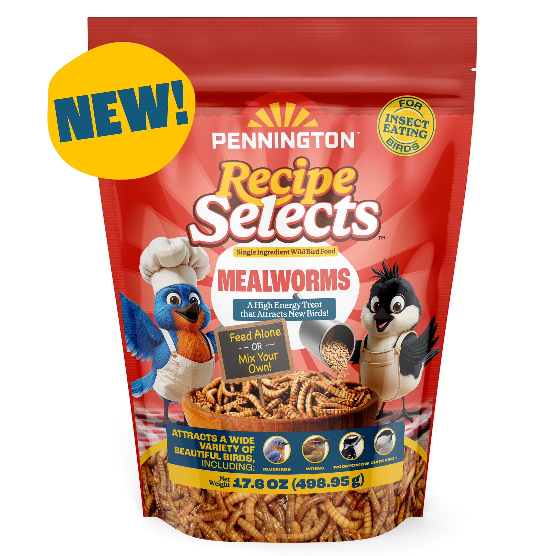 (4 Pack) Pennington Recipe Selects Dried Mealworms for Birds, Bluebird and Wild Bird Food for outside Feeder, 17.6 Oz Bag, 1 Pack