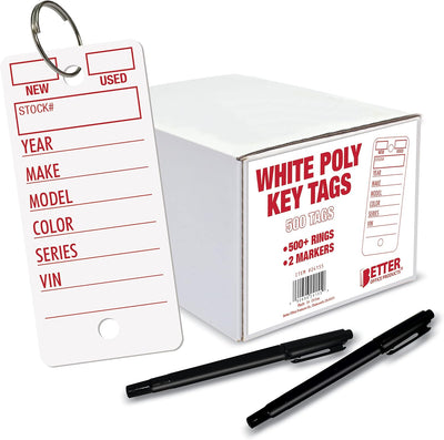 Better Office Products 500 Poly Key Tags, 1.375" X 3", Durable Plastic Dealership Automotive Service Shop Tags, Includes 500+ Rings and 2 Black Markers, (White)