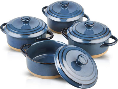 HVH 12 Oz Ramekins with Lids, Mini Casserole Dish with Lid Oven Safe, Small Casserole Dish Set, Oven Safe Bowls, Mini Baking Dishes for Oven with Lids, Farmhouse Style (Blue)