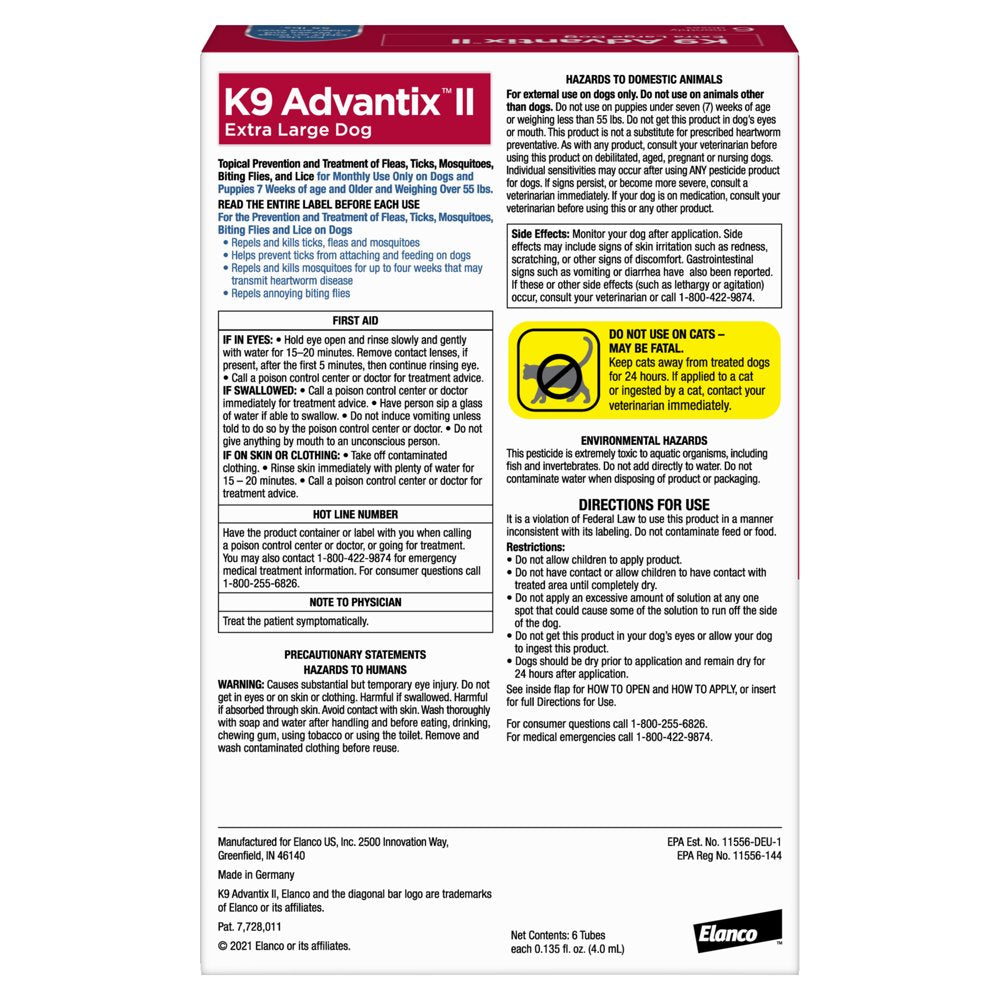 K9 Advantix II Monthly Flea & Tick Prevention for XL Dogs 55 Lbs+, 6-Monthly Treatments