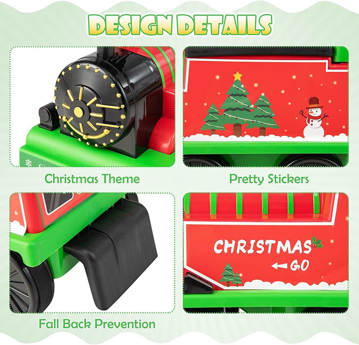 OLAKIDS Kids Ride on Train with Track, 6V Electric Toy with Lights and Sounds, Retractable Footrest, under Seat Storage, Christmas Theme Battery Powered Gift for Toddlers Boys Girls (Christmas Style)