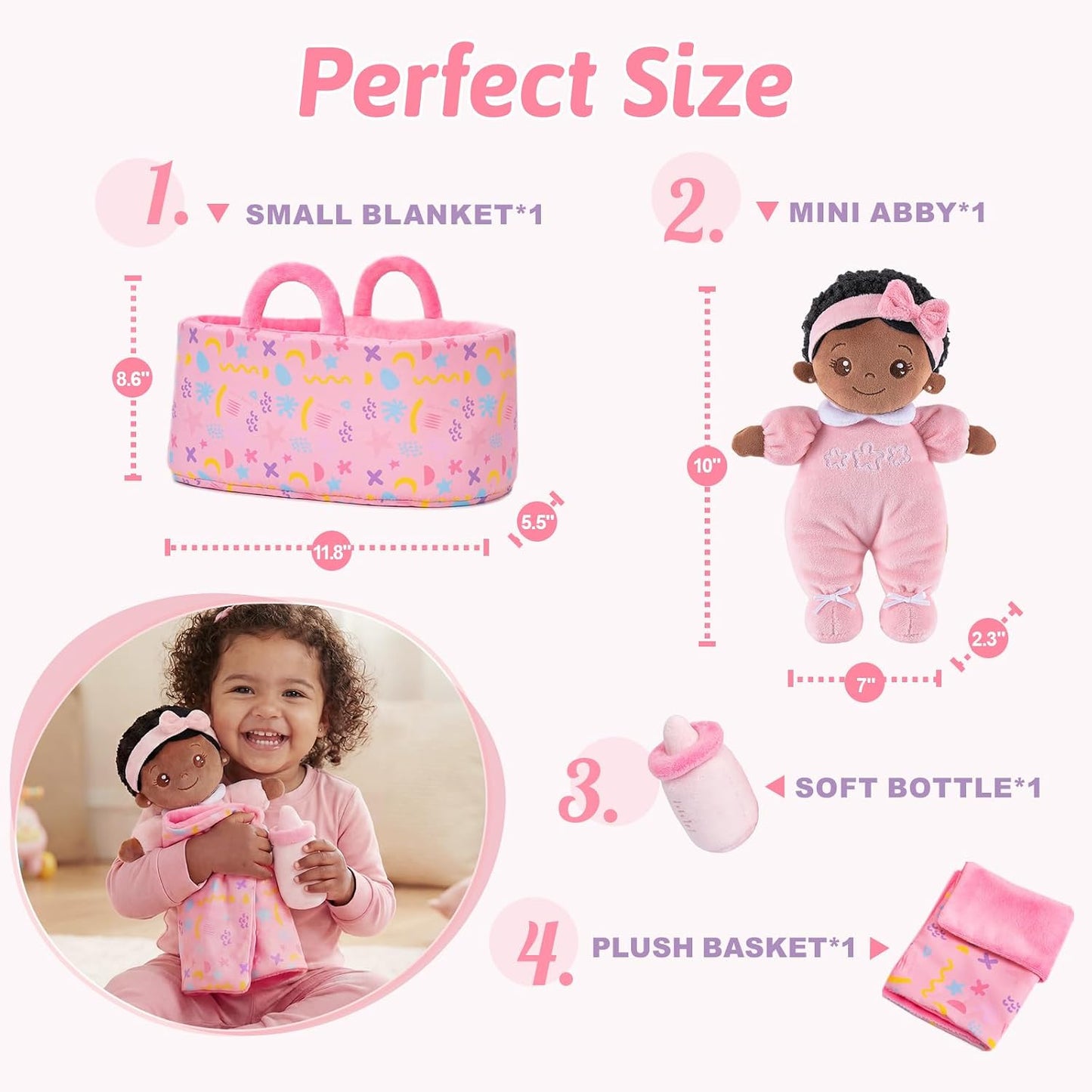 OUOZZZ Baby Doll Accessories with Black Doll, Bassinet, Blanket and Bottle | Interactive Pretend Playset for Social Emotional Learning, Educational Toy for 2 Year Old Girls