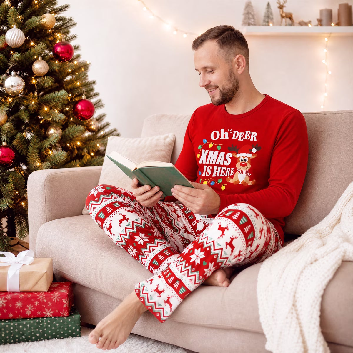 Patpat Family Christmas Matching Pajamas for Men 2 Piece Red Reindeer Long Sleeve Top & Pants Sets with Christmas Socks,Men XXL
