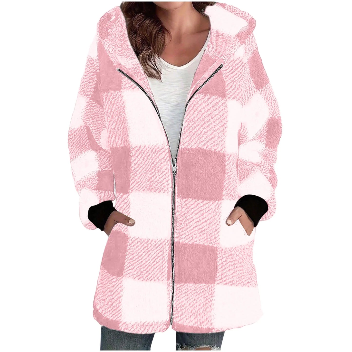 Cilsoka Plaid Flannel Jacket Women Casual Sherpa Lined Zip up Hooded Cardigan Sweaters plus Size Plaid Shacket Fall Winter Teddy Coat