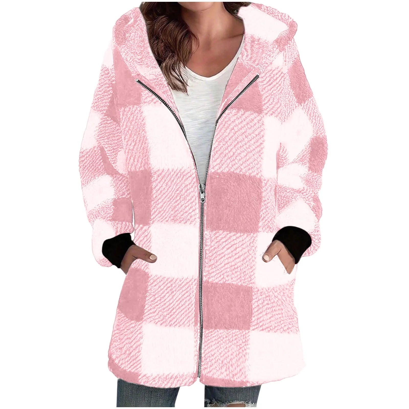 Cilsoka Plaid Flannel Jacket Women Casual Sherpa Lined Zip up Hooded Cardigan Sweaters plus Size Plaid Shacket Fall Winter Teddy Coat