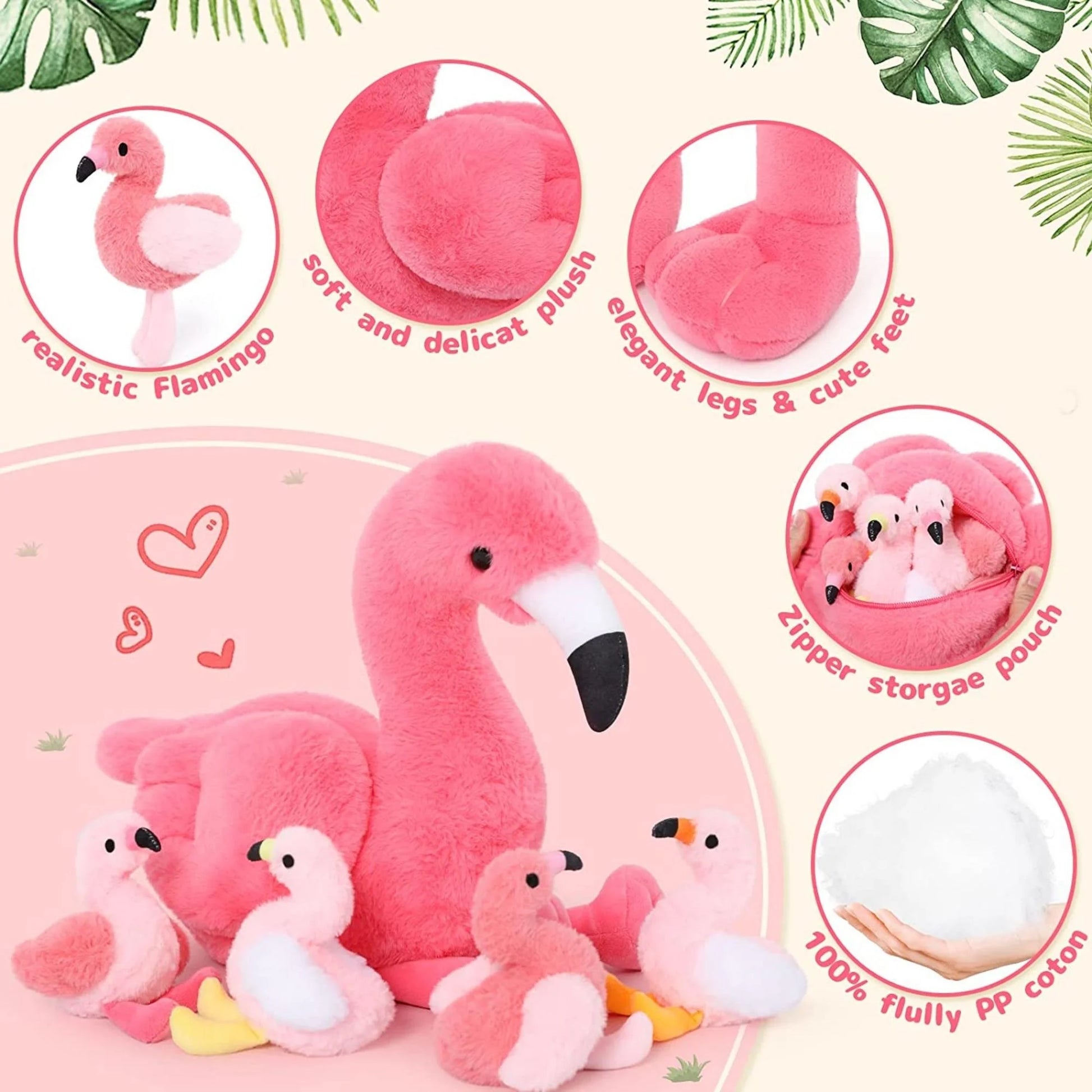 Morismos 18'' Plush Flamingo Stuffed Animal Mommy Stuffed Flamingo with 4 Babies