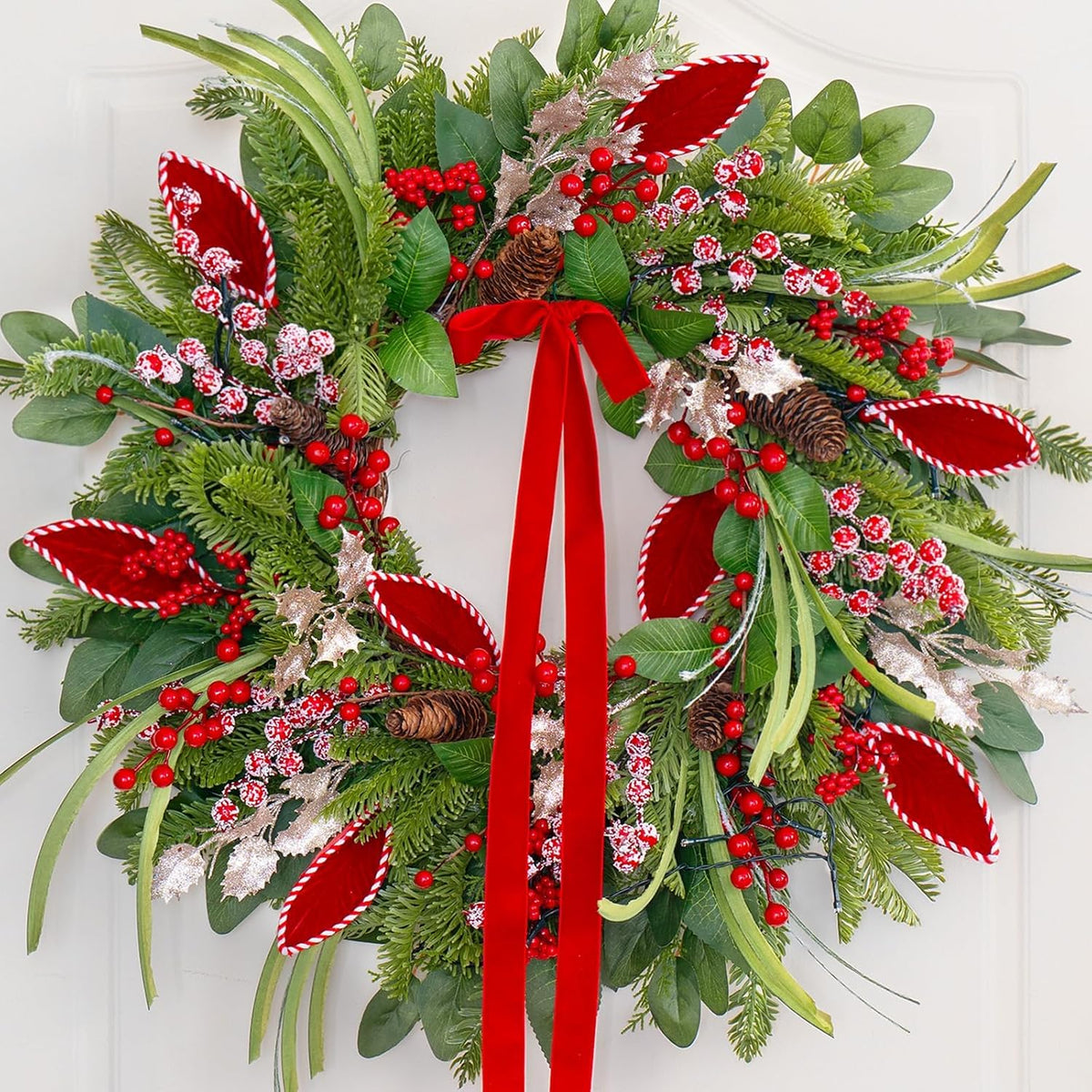 Christmas Wreath with Lights,Outdoor Pre-Lit Christmas Wreaths for Front Door-24 Inch Xmas Door Wreath with Pine Needles Pine Cones and Red Berries- Farmhouse Home Christmas Decorations