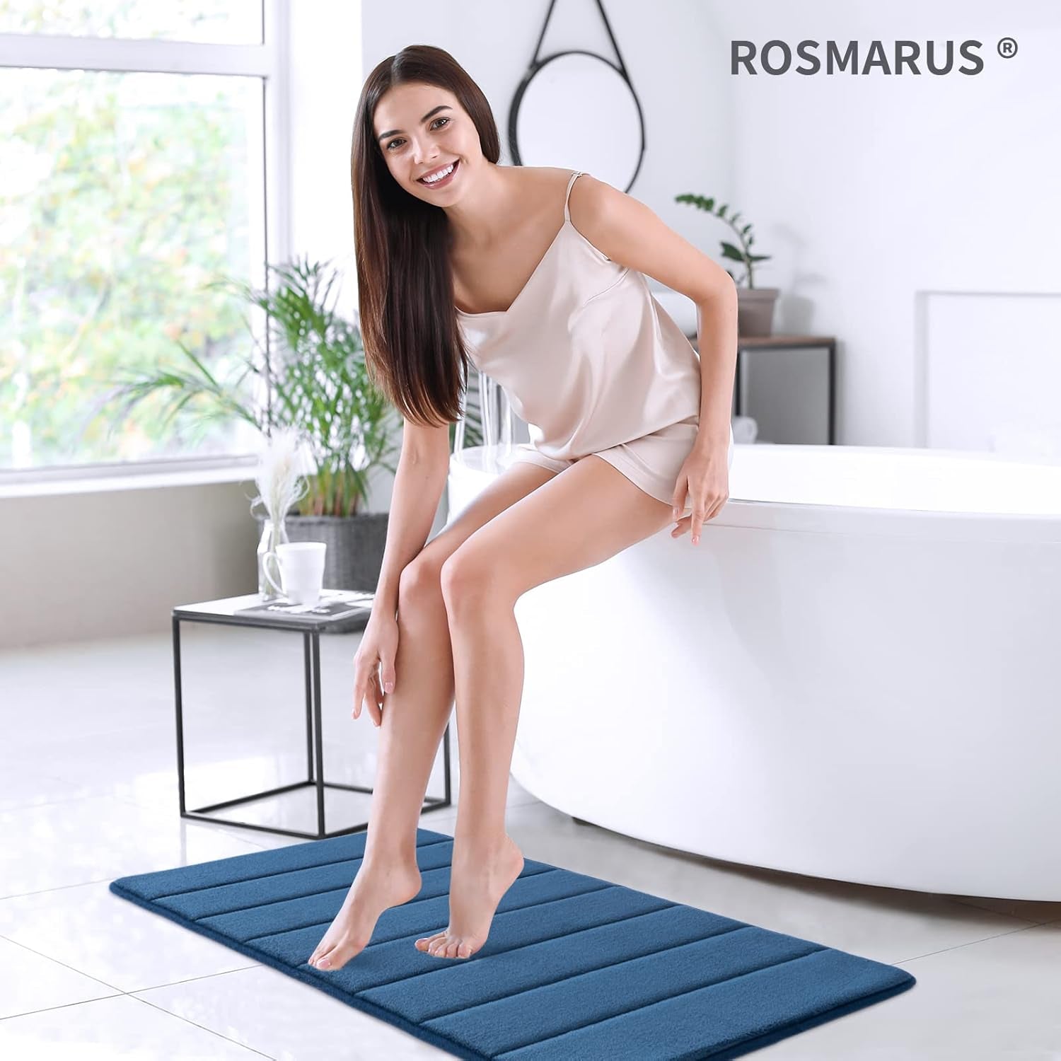 ROSMARUS Memory Foam Bath Mat 20' X 32', Water Absorbent Shower Mat, Thick Non Slip Bath Rugs with PVC Backing, Ultra Soft Bath Rugs for Floor & Tub, Navy