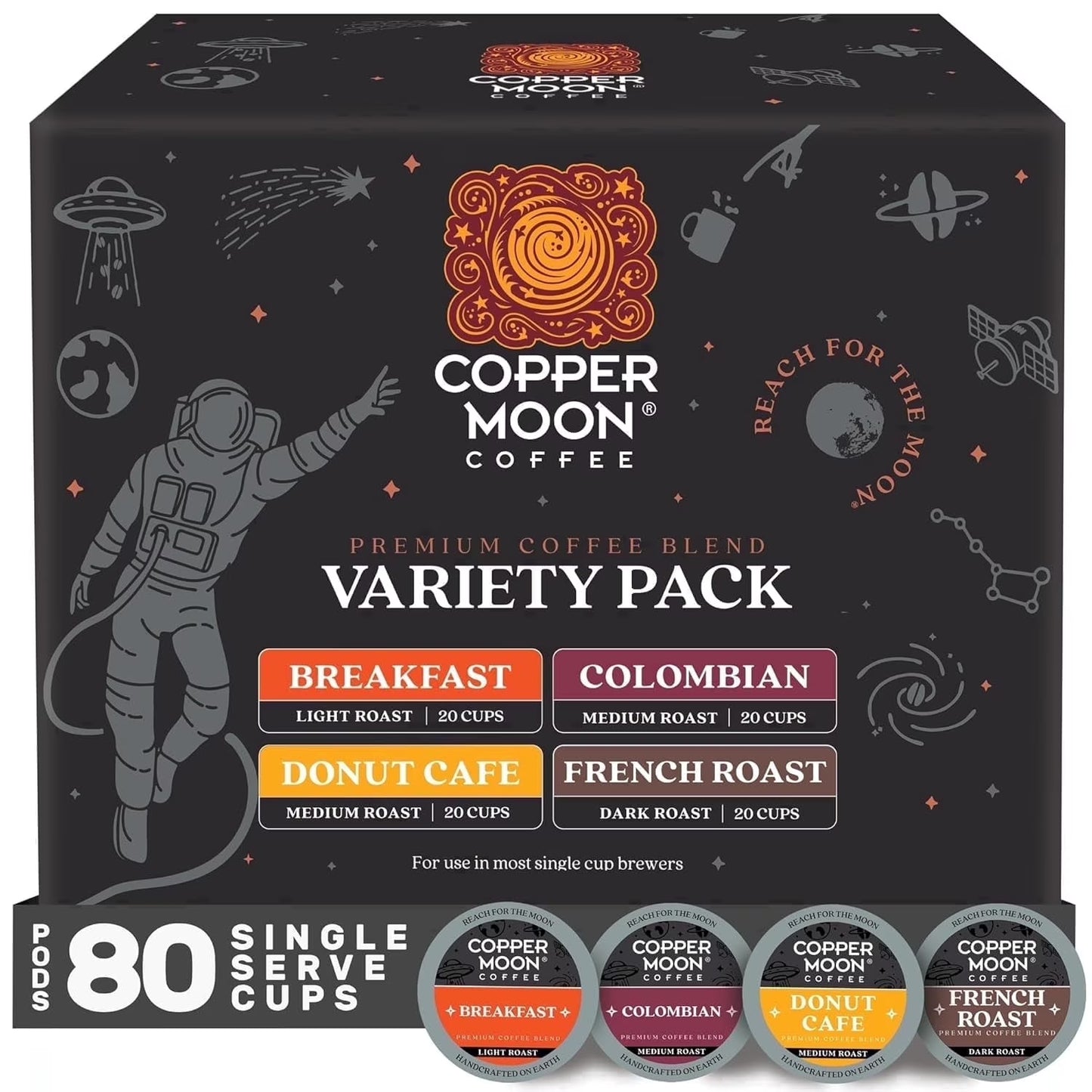 Copper Moon Variety Pack Coffee, Single Cup Pods, 20 Each: Donut Cafe, Breakfast Blend, Colombian, French Roast, 80 Ct