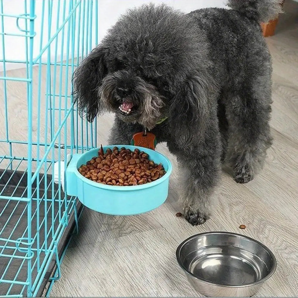 2 Pieces Removable Stainless Steel Crate Dog Bowl for Pet Kennel Hanging Food Water Feeder Bowl Cage Coop Cup in Blue & Pink for Puppy Medium Dog Cat Rabbit Ferret Bird