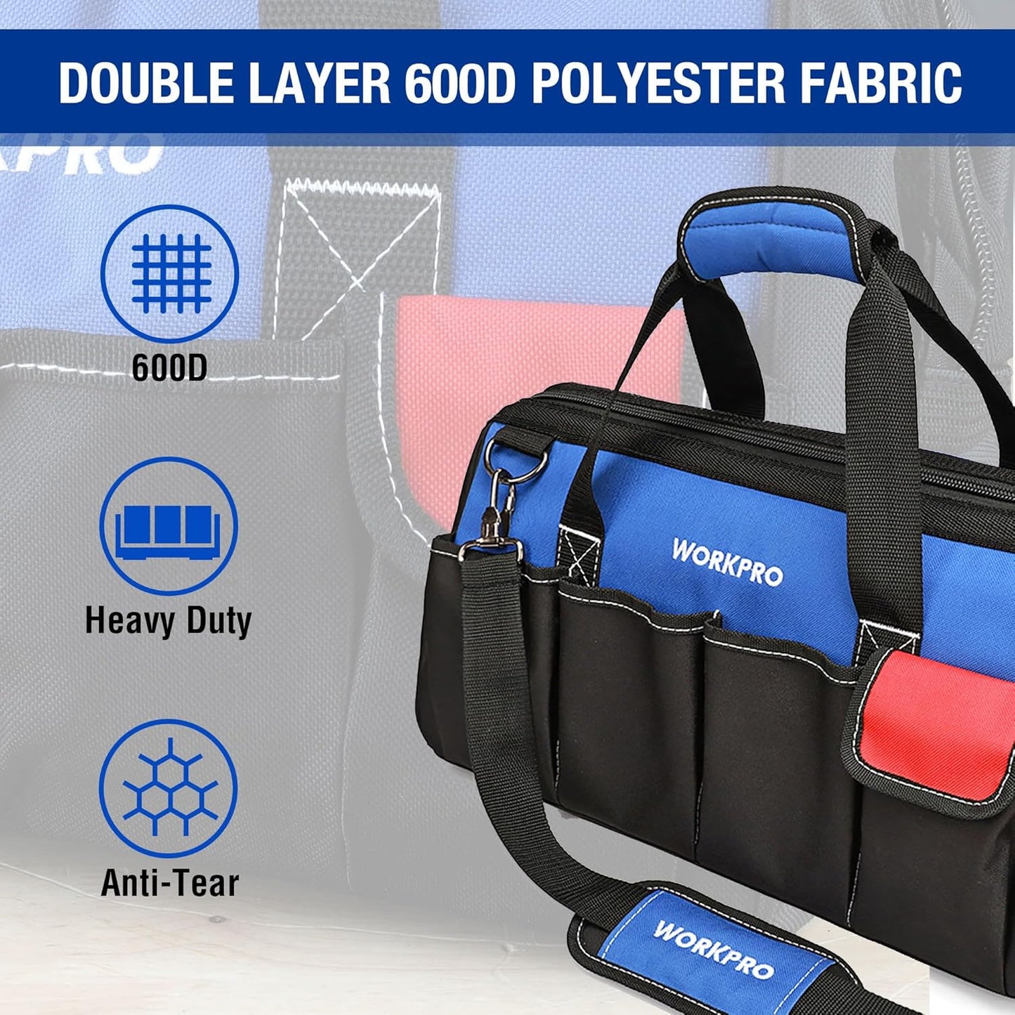 WORKPRO 18-Inch Close Top Wide Mouth Storage Tool Bag with Adjustable Shoulder Strap, Sturdy Bottom