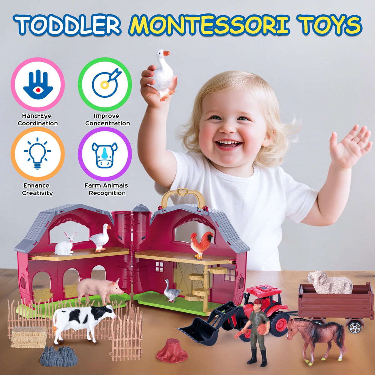 QIAHO Farm Animal Toys Take along Barn Playset for Toddlers with 10 Realistic Animal Figurines, Pretend Play Educational Gift