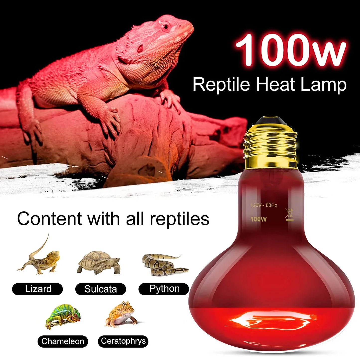 ECOSUB Reptile Heat Lamp 100W, 2Pcs E26 Basking Spot Light, Infrared Heat Lamp, Red