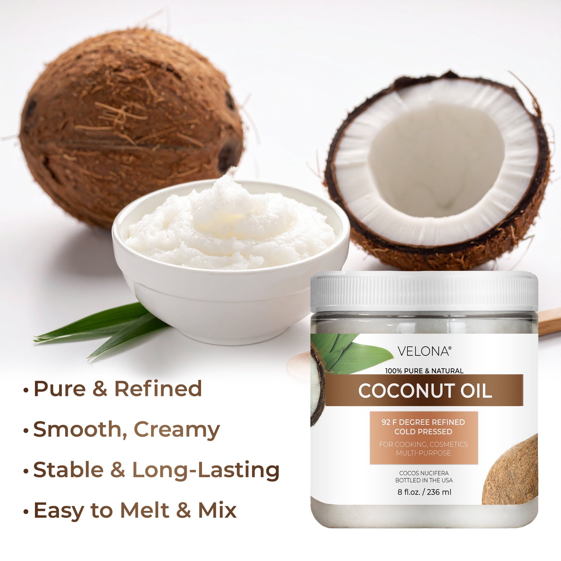 Velona Coconut Oil 92 Degree - 2 Oz | 100% Pure and Natural Carrier Oil | in Jar | Refined, Cold Pressed | Skin, Face, Body, Hair Care