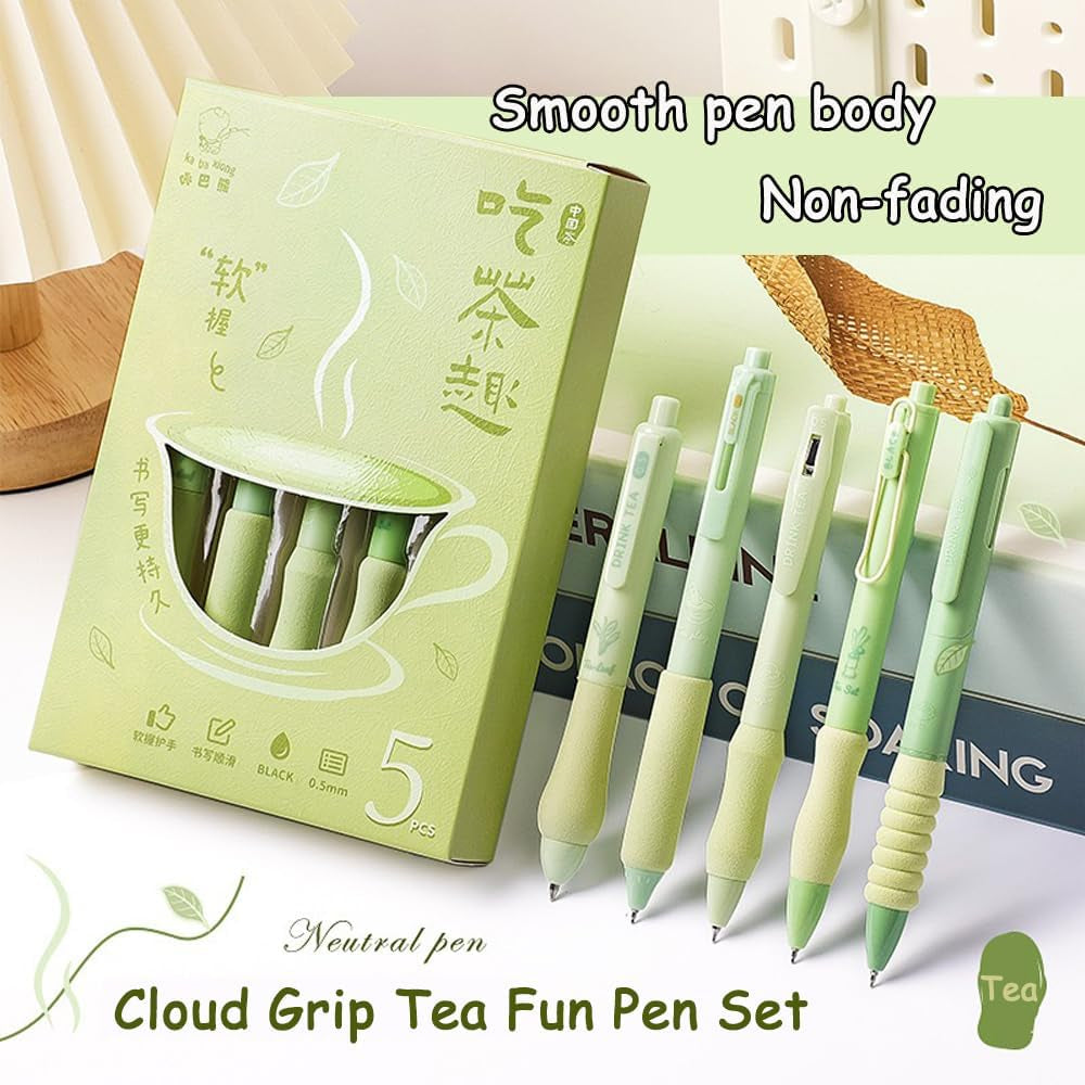 LSLSHY Cute Gel Pens 5Pcs Retractable Quick Dry Ink Pens 0.5Mm Fine Point Black Ink Kawaii Smooth Writing Pens for School Office Supplies Aesthetic Pretty Pens (Green Tea)