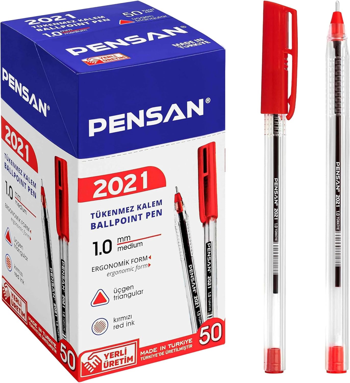 PENSAN Red Ballpoint Pens,1.0 Mm Medium Point, Red Pens, Ergonomic Triangle Grip, 50-Count Pack of Bulk Pens
