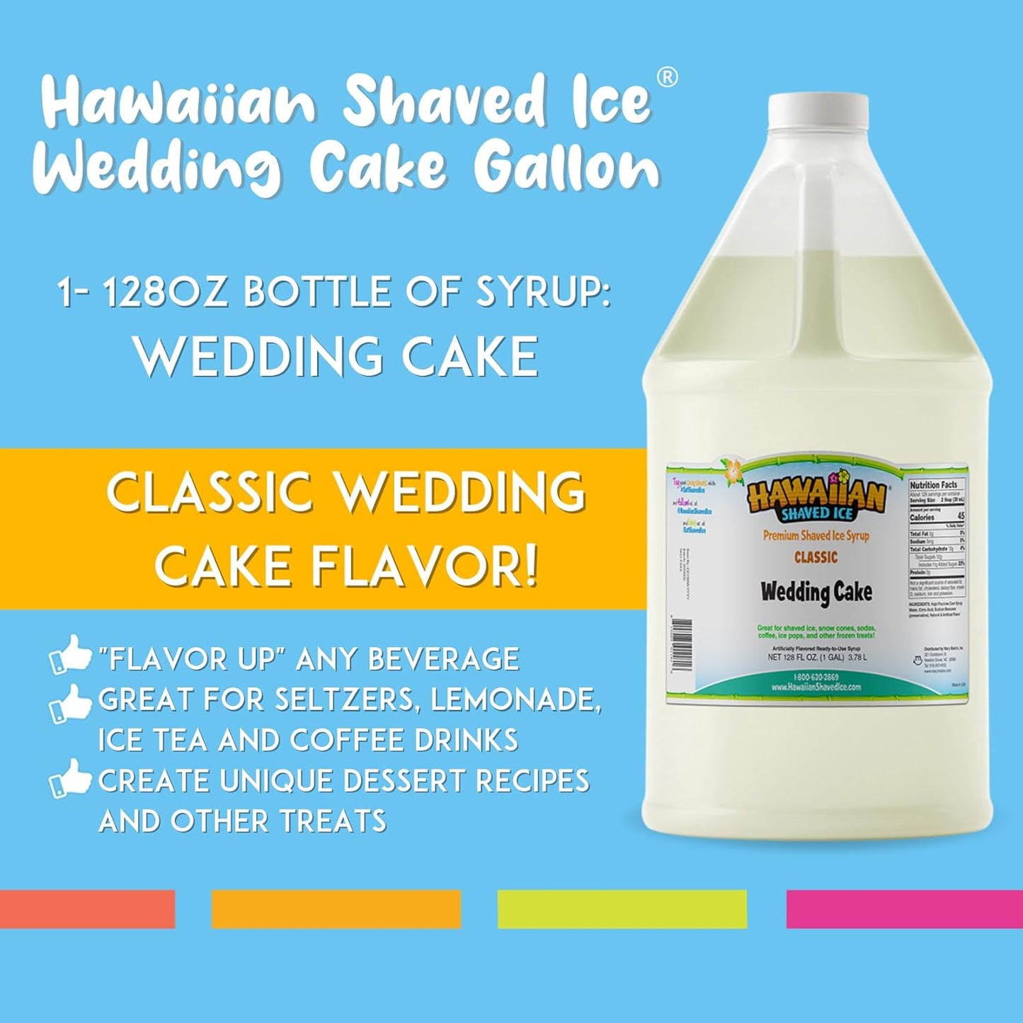 Hawaiian Shaved Ice Wedding Cake Syrup - Nut Soy Dairy Free - Flavor Fluffy & Crunchy Snow Cone Ice - Shelf Stable - Makes 64 Servings - 1 Gallon