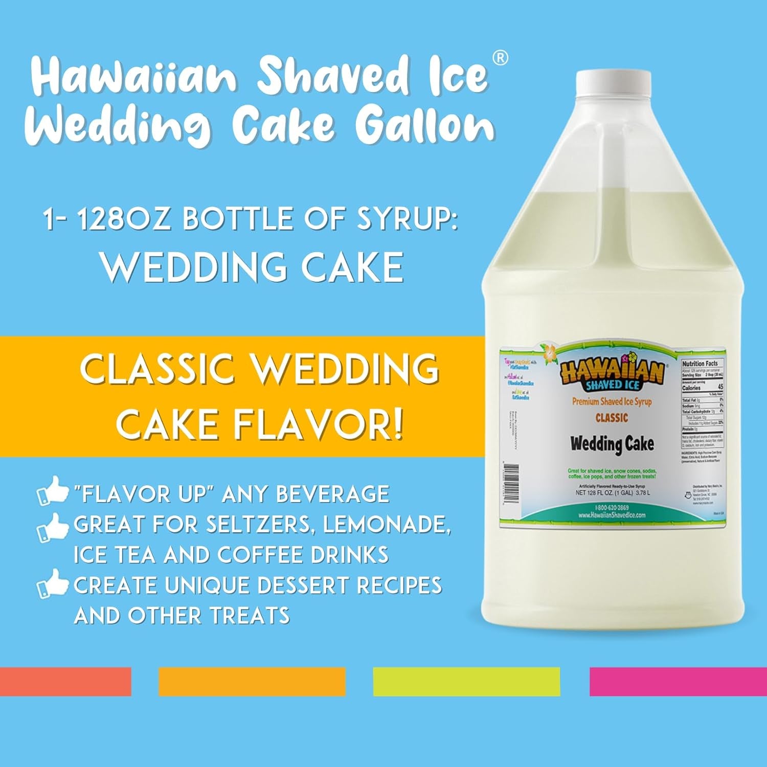 Hawaiian Shaved Ice Wedding Cake Syrup - Nut Soy Dairy Free - Flavor Fluffy & Crunchy Snow Cone Ice - Shelf Stable - Makes 64 Servings - 1 Gallon