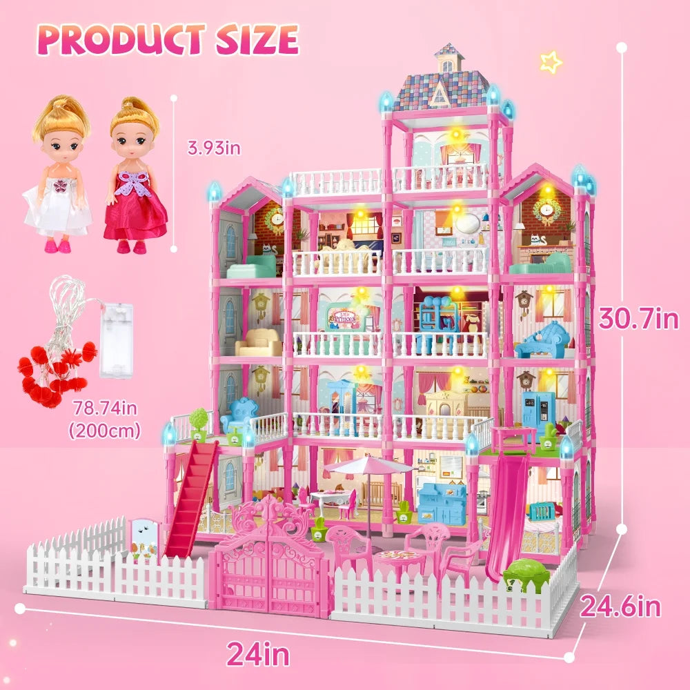 Joystone Doll House for Girls, 5-Story 19 Rooms Huge Dollhouse Playset with LED Lights, 2 Dolls, Furnitures, Accessories, DIY Pretend Play House Toys Gifts for Kids, Pink