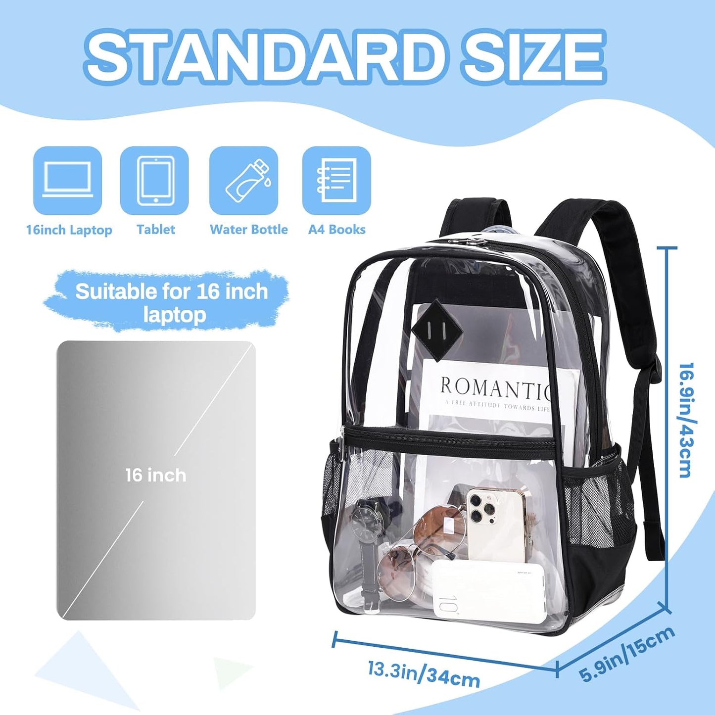 MUSEVOS Clear Backpack Stadium Approved, Heavy Duty See through Book Bag, Black Transparent