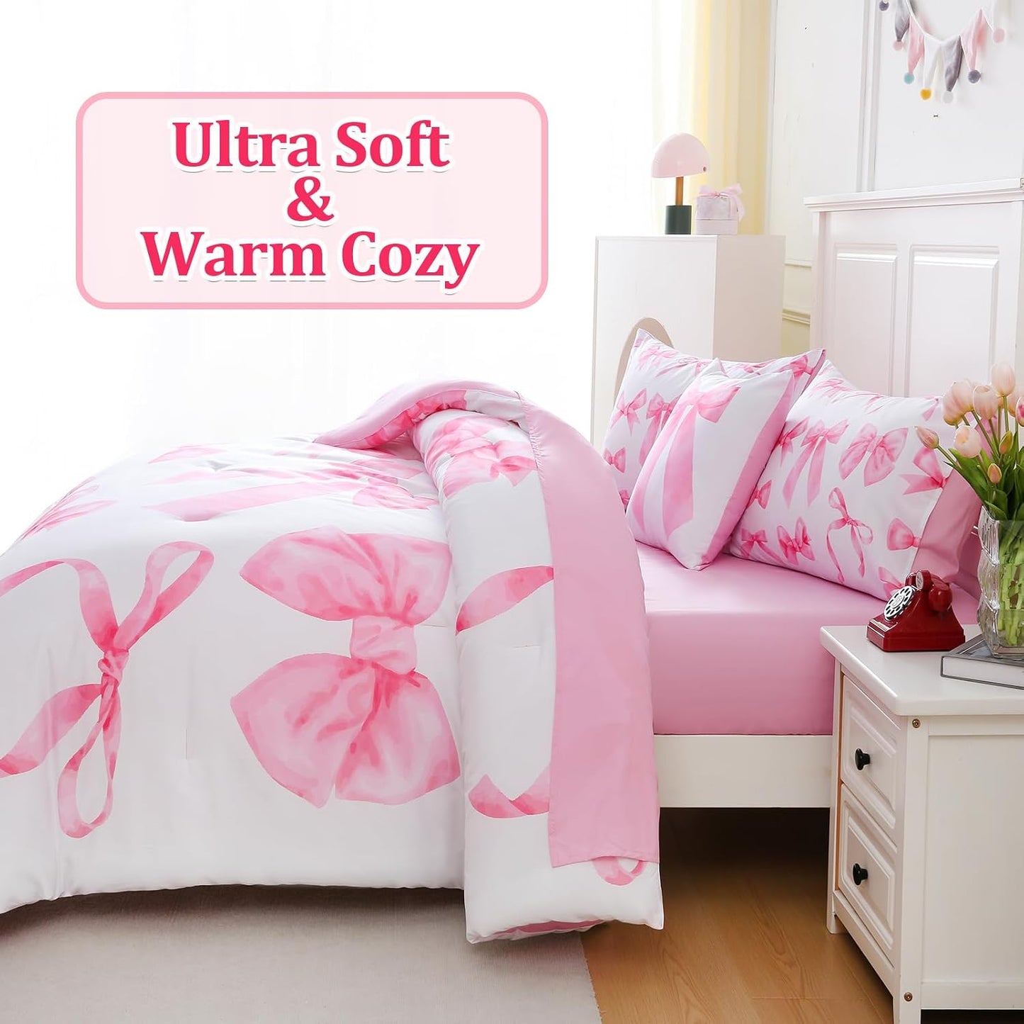 Twin Comforter Sets Pink Bed in a Bag for Girls, 6 Pieces Bow Twin Size Bedding Sets with Sheets for Kids