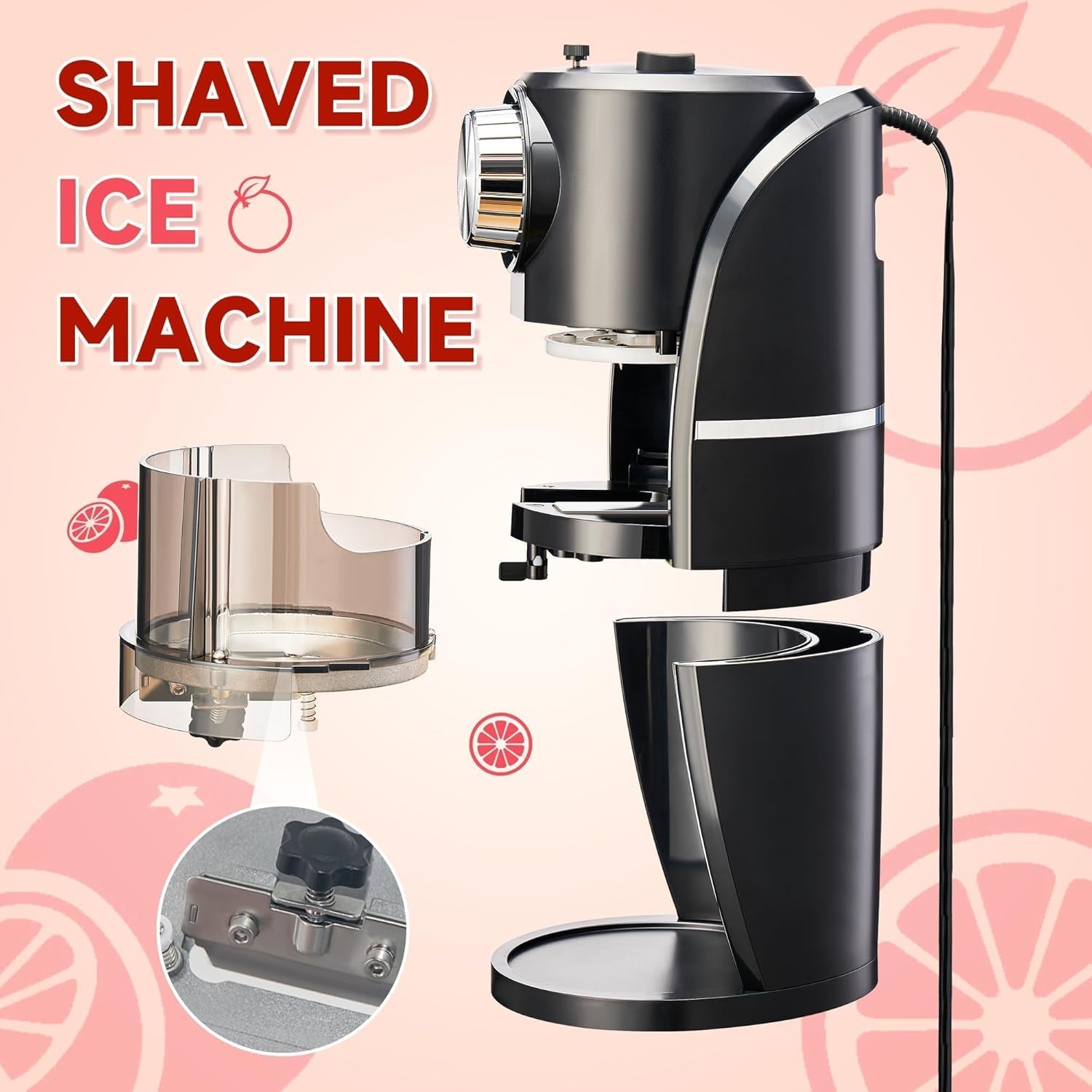 Shaved Ice Machine - Snow Cone Machine Equipped with Stainless Steel Blade Adjustment Knob to Freely Adjust the Thickness of the Snowflakes and 2 Reusable Plastic Ice Mold Cup
