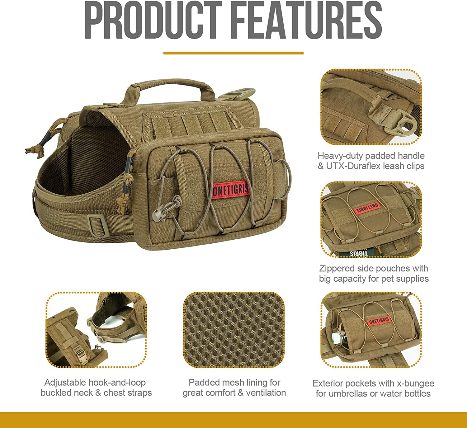 ONETIGRIS Dog Backpack for Medium & Large Dogs, Nylon Backpack for Dogs Tactical Pet Backpack with Side Pockets for Hiking Walking Training Running (Brown, Medium)