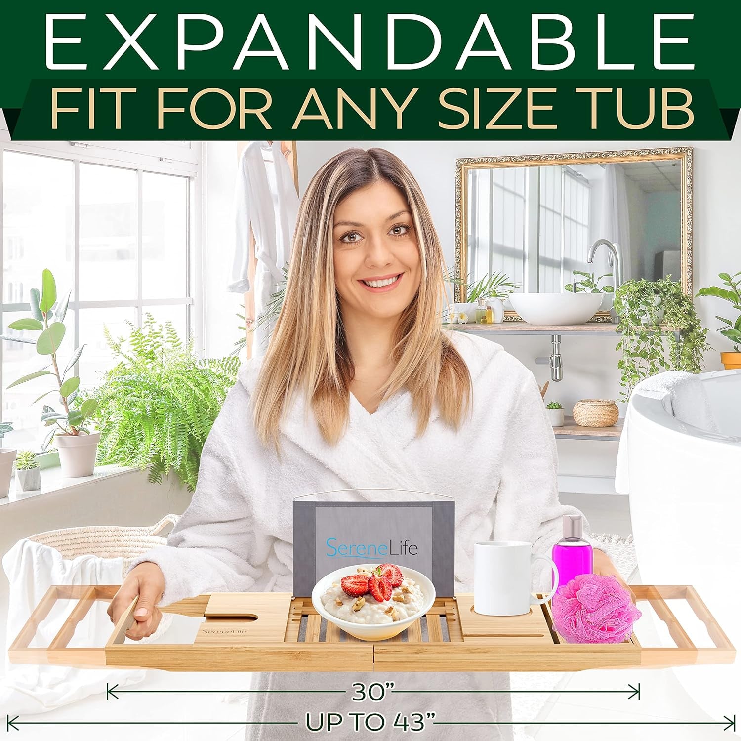 Serenelife Luxury Bamboo Bathtub Caddy Tray - Adjustable Natural Wood Bath Tub Organizer with Wine Holder, Cup Placement, Soap Dish, Book Space & Phone Slot for Spa, Bathroom & Shower - SLBCAD20