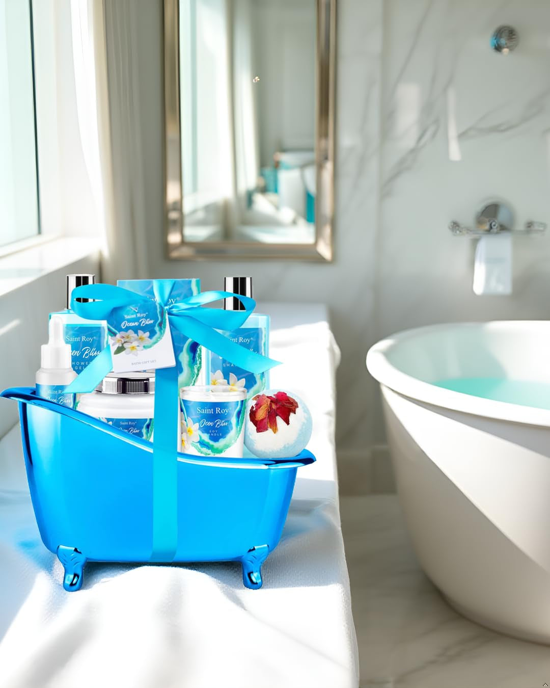 Mothers Day Gifts for Women Bath & Body Gift Set, Bath Basket Spa Kit Gifts for Her Him Birthday Gift for Woman, Self-Care Home Spa Kit, 8Pcs Christmas Gift for Women Ocean Vanilla, Spa Gift Baskets