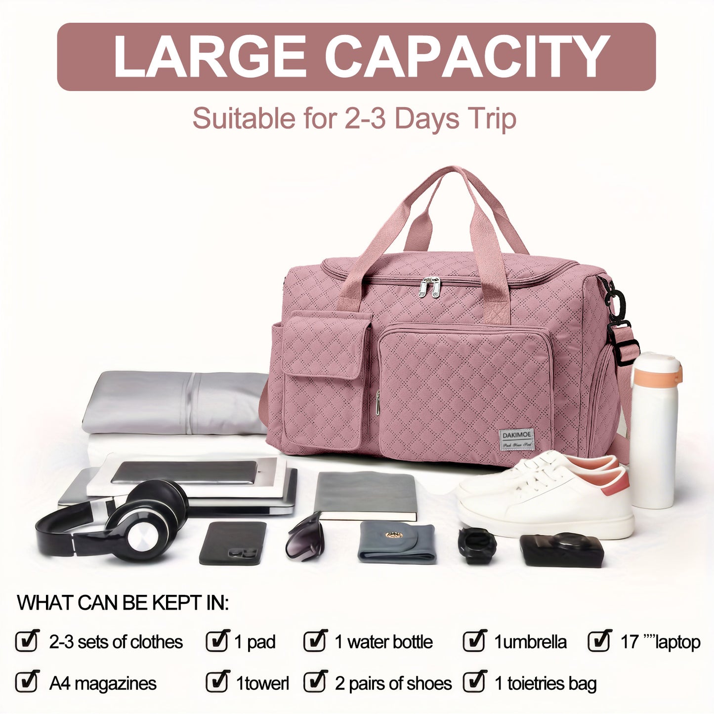 DAKIMOE Travel Duffle Bag for Women Men, Weekender Bags Carry on Gym Bag with Wet Pocket/Adjustable Strap/Shoe Compartment, Foldable Waterproof Overnight Tote Bag for Plane Sports Dance, Pink