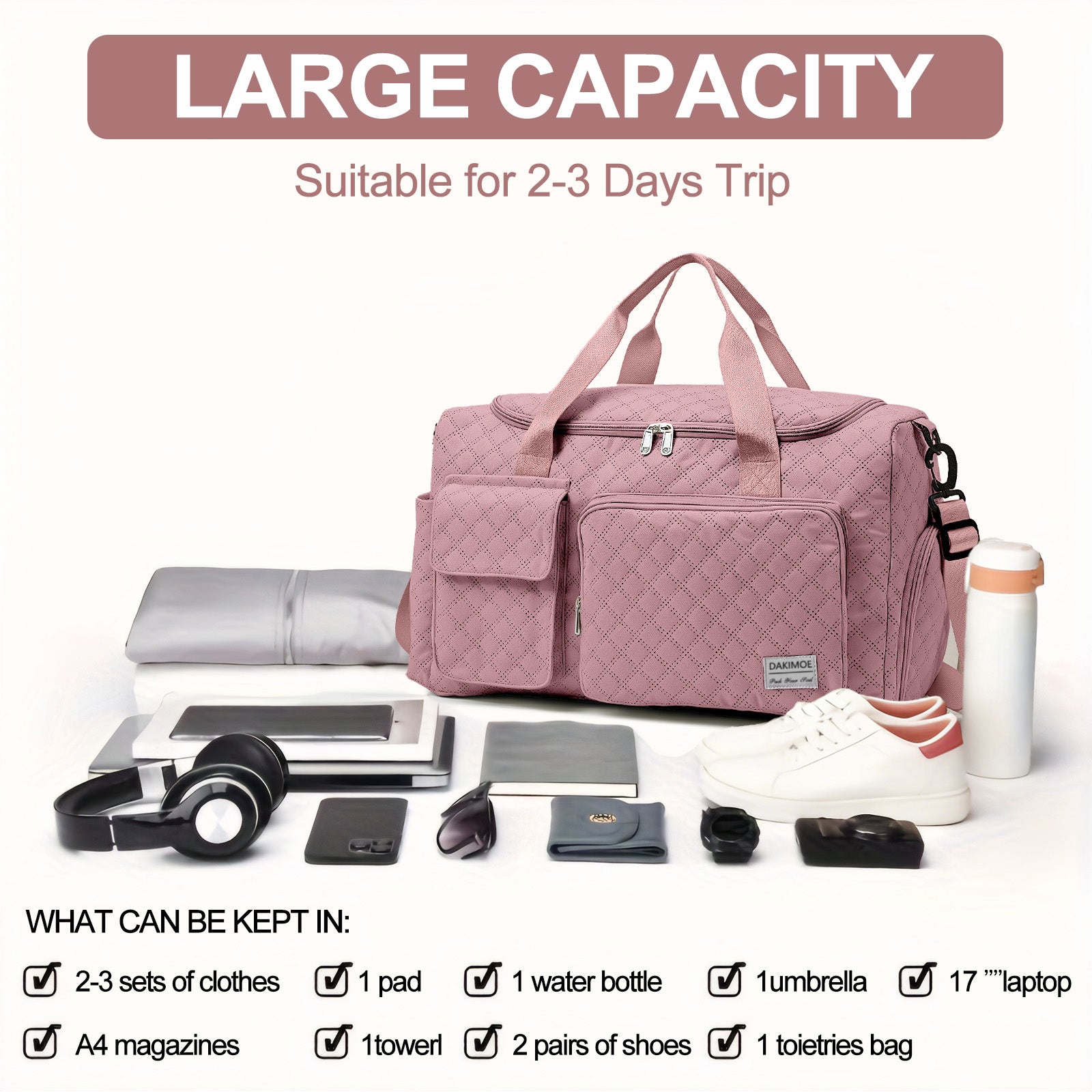 DAKIMOE Travel Duffle Bag for Women Men, Weekender Bags Carry on Gym Bag with Wet Pocket/Adjustable Strap/Shoe Compartment, Foldable Waterproof Overnight Tote Bag for Plane Sports Dance, Pink
