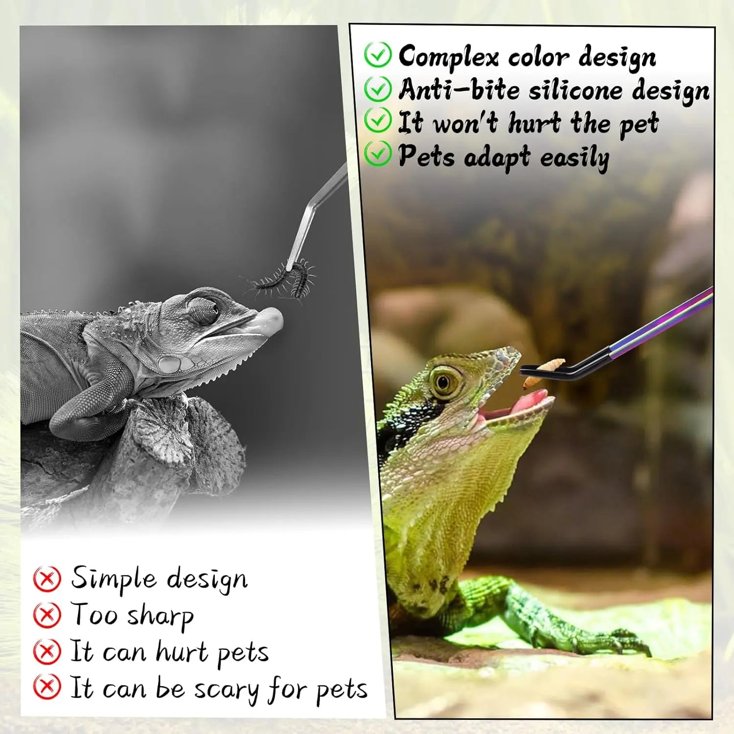 2 Count Stainless Steel Reptile Feeding Tongs with Rubber Tip, 10.6" Straight & Curved Long Tweezers, for Aquariums & Crafts - Ideal Bearded Dragon & Snake Tank Accessories, Terrarium Supplies