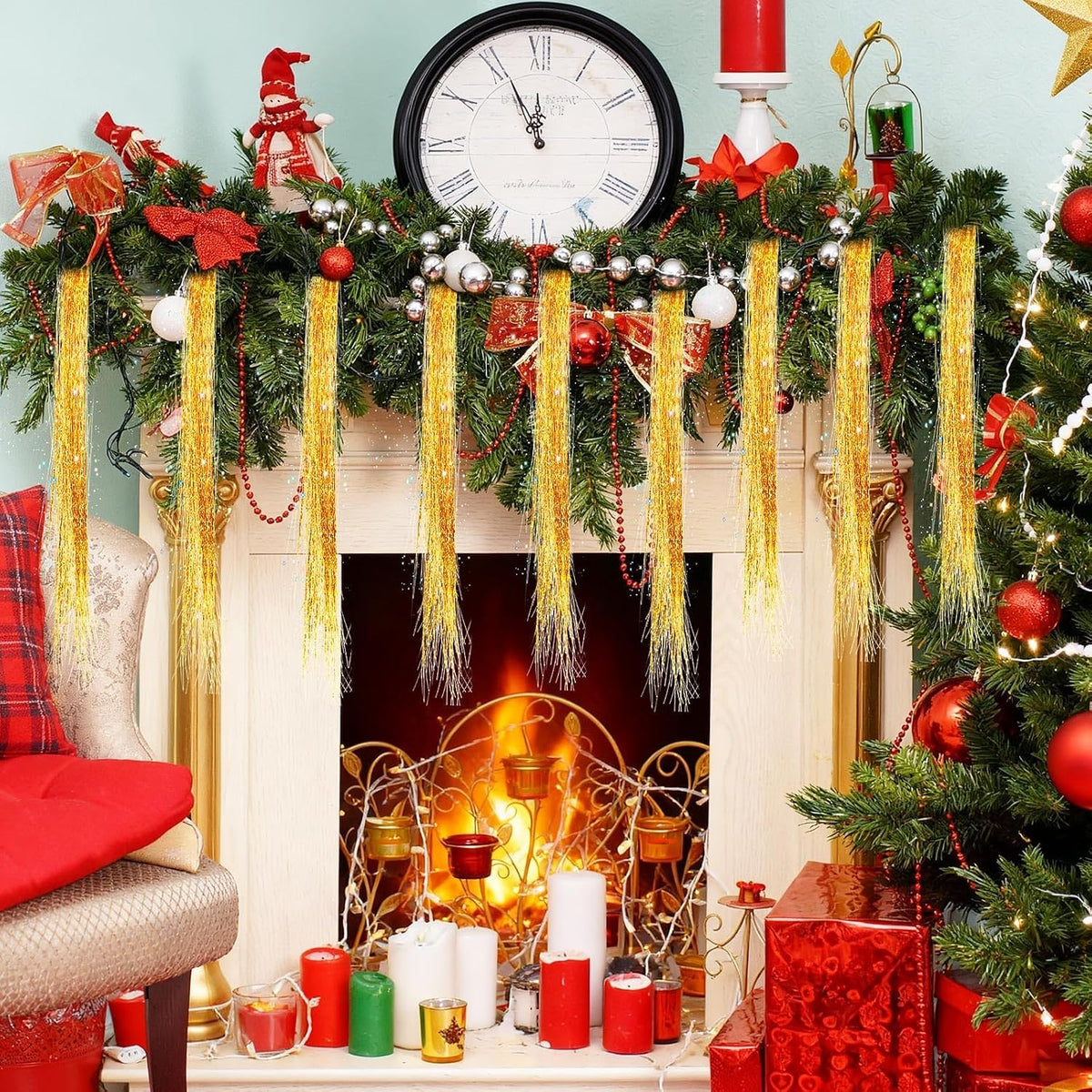 6000 Strands Christmas Tinsel Icicles, Gold Tinsel Foil Fringe Icicles