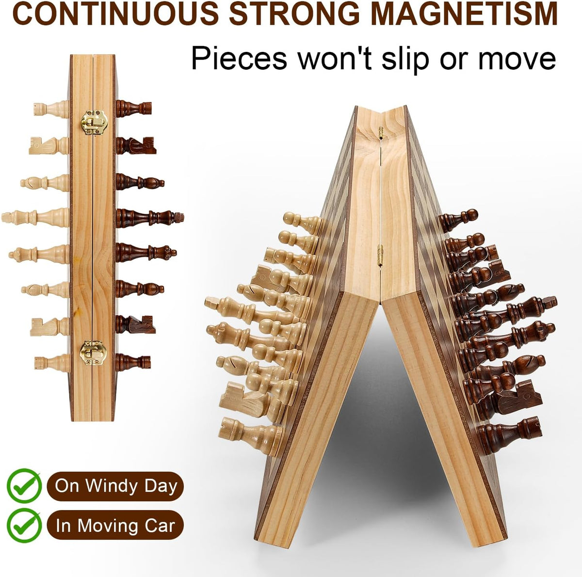 Vahome Magnetic Chess Set for Adults & Kids, 15" Wooden Folding Chess Boards, Handcrafted Portable Travel Chess Game with Pieces Storage Slots, 2 Extra Queens