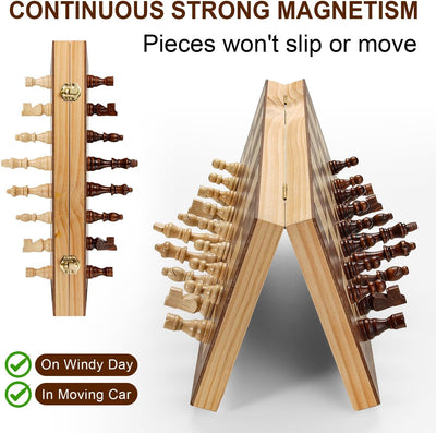 Vahome Magnetic Chess Set for Adults & Kids, 15" Wooden Folding Chess Boards, Handcrafted Portable Travel Chess Game with Pieces Storage Slots, 2 Extra Queens