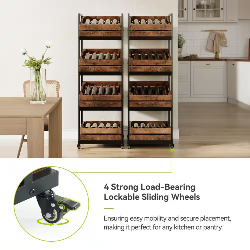 59 In. H Brown Wood 4-Tier Kitchen Cart Mobile Fruit and Vegetable Storage Utility Shelf Organizer Rack with Wheels