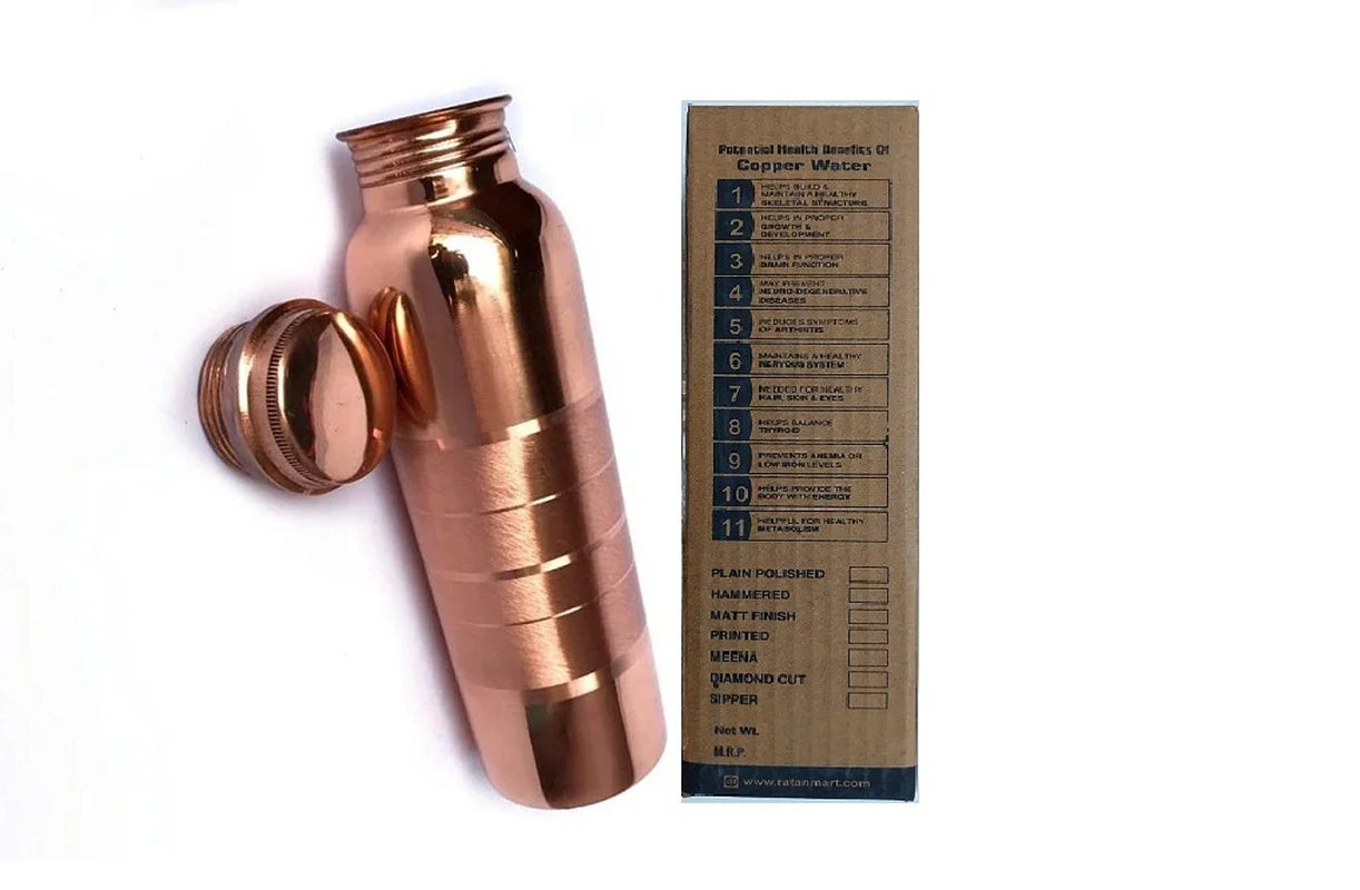 RATAN ENTERPRISES Pure Copper Silver Line Water Bottle with Lid 900 ML