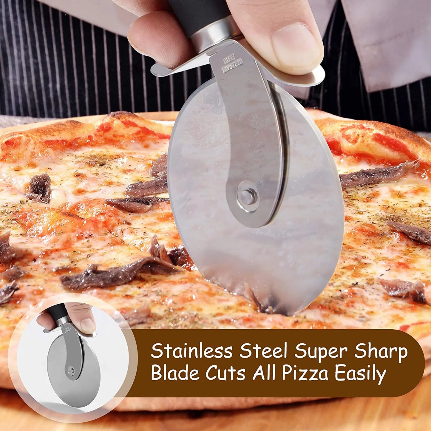 Pizza Cutter Wheel, BUSATIA Food Grade Stainless Steel Super Sharp Pizza Cutter, Heavy Duty Pizza Slicer Wheel Cutter with Non Slip Handle and Finger Protector