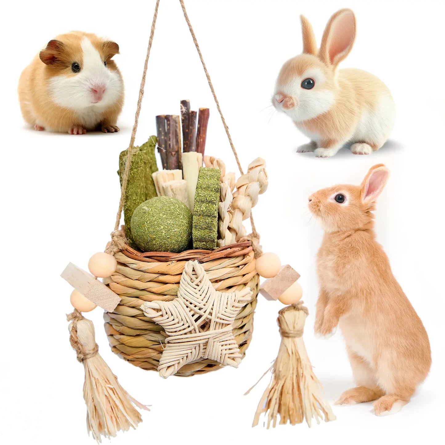 Rabbit Chew Toys, Reed Grass Hanging Basket Chews, Woven Bunny Chewing Timothy Cake Wood Treats for Small Pets