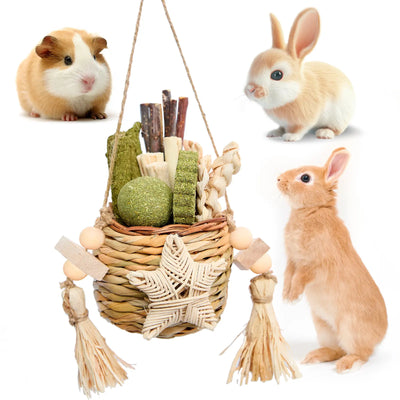 Rabbit Chew Toys, Reed Grass Hanging Basket Chews, Woven Bunny Chewing Timothy Cake Wood Treats for Small Pets