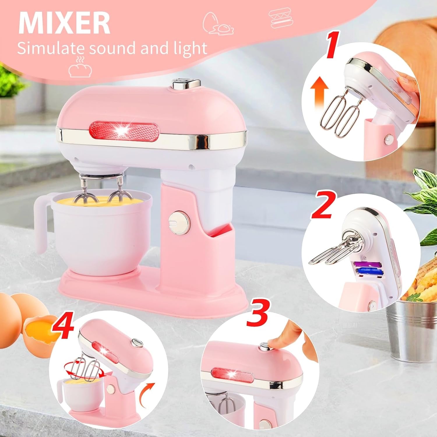 Play Kitchen Accessories, Pretend Play Kitchen Appliances Toy Set with Coffee Maker Machine, Toaster, Mixer, Blender with Realistic Lights & Sounds, Birthday Gifts for Girls Age 3-5 4-8 6-8