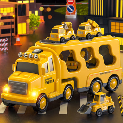 Construction Truck Toys for 3-7 Years Old Boys - Kids Friction Powered Car Toys for Toddler Ages 3-5, Carrier Play Vehicles Set with Sound and Light, Birthday Gifts for Toddlers