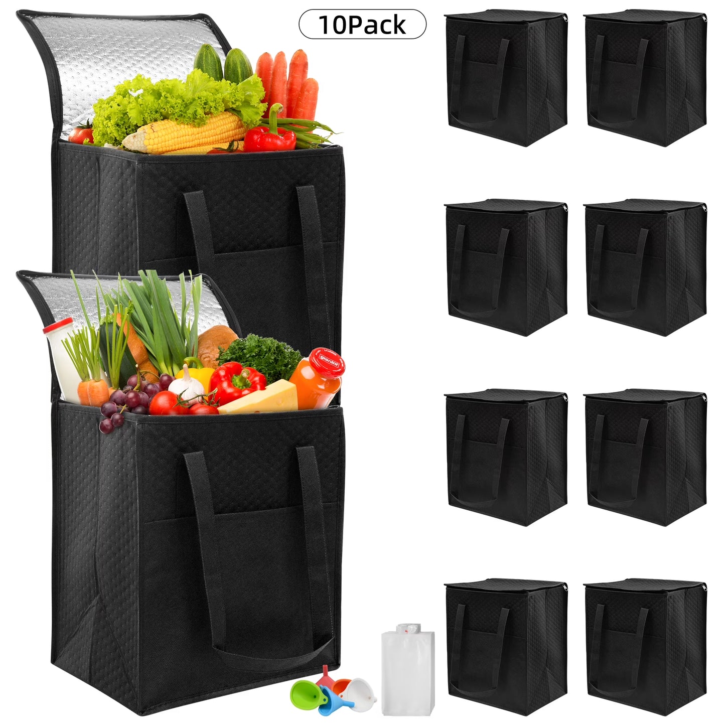 Sentryse 10-Pack Insulated Grocery Bags with Zipper, Large Reusable Cooler Bags for Frozen Food, Grocery Shopping, Meal Transport, Picnic & Travel + 40 Ice Packs & 5 Funnels