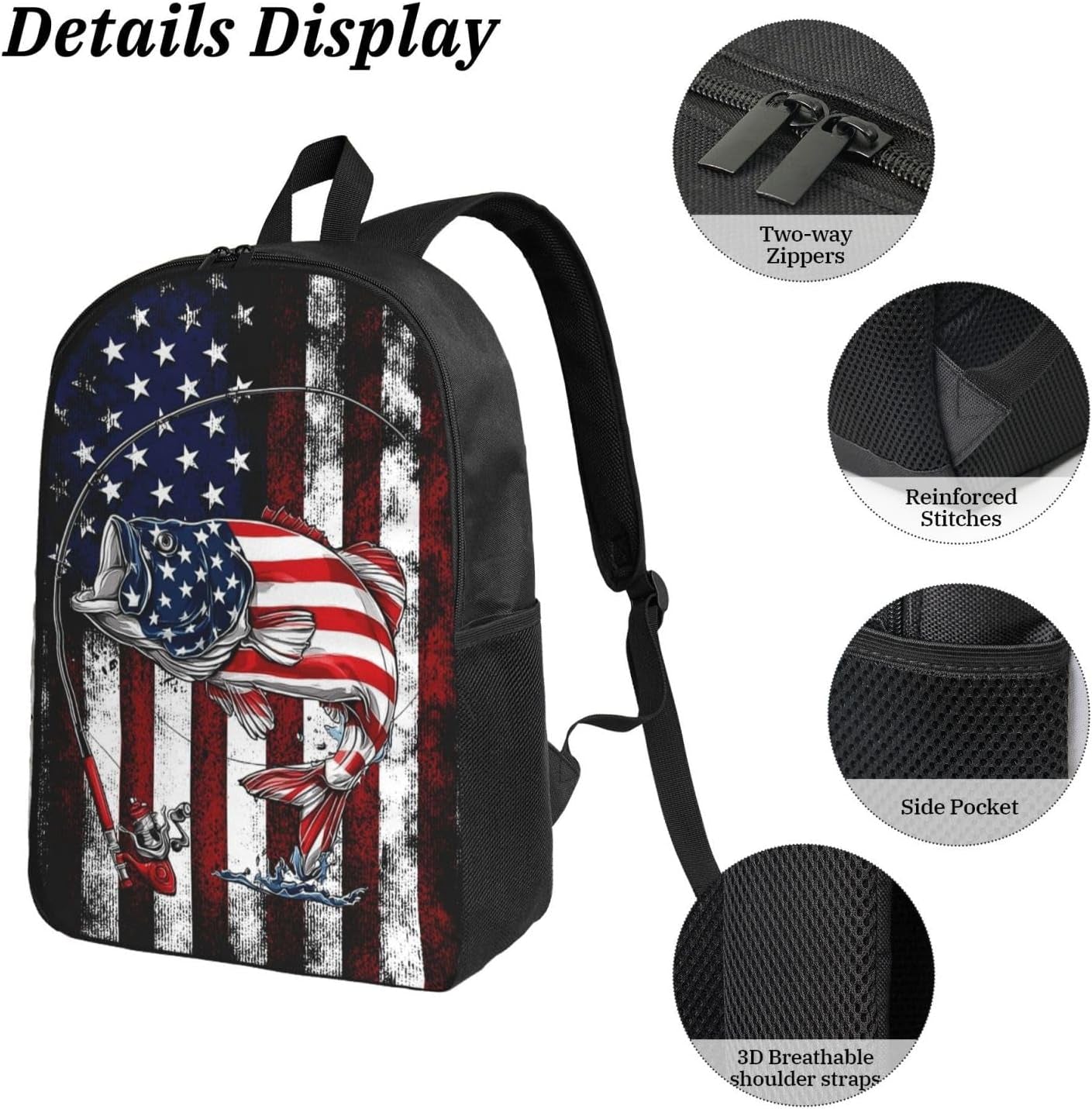 USA Fish Kid Backpack Set with Lunch Bag & Pencil Case Large Capacity School Bag 17 Inch Bookbag for Boy Girl