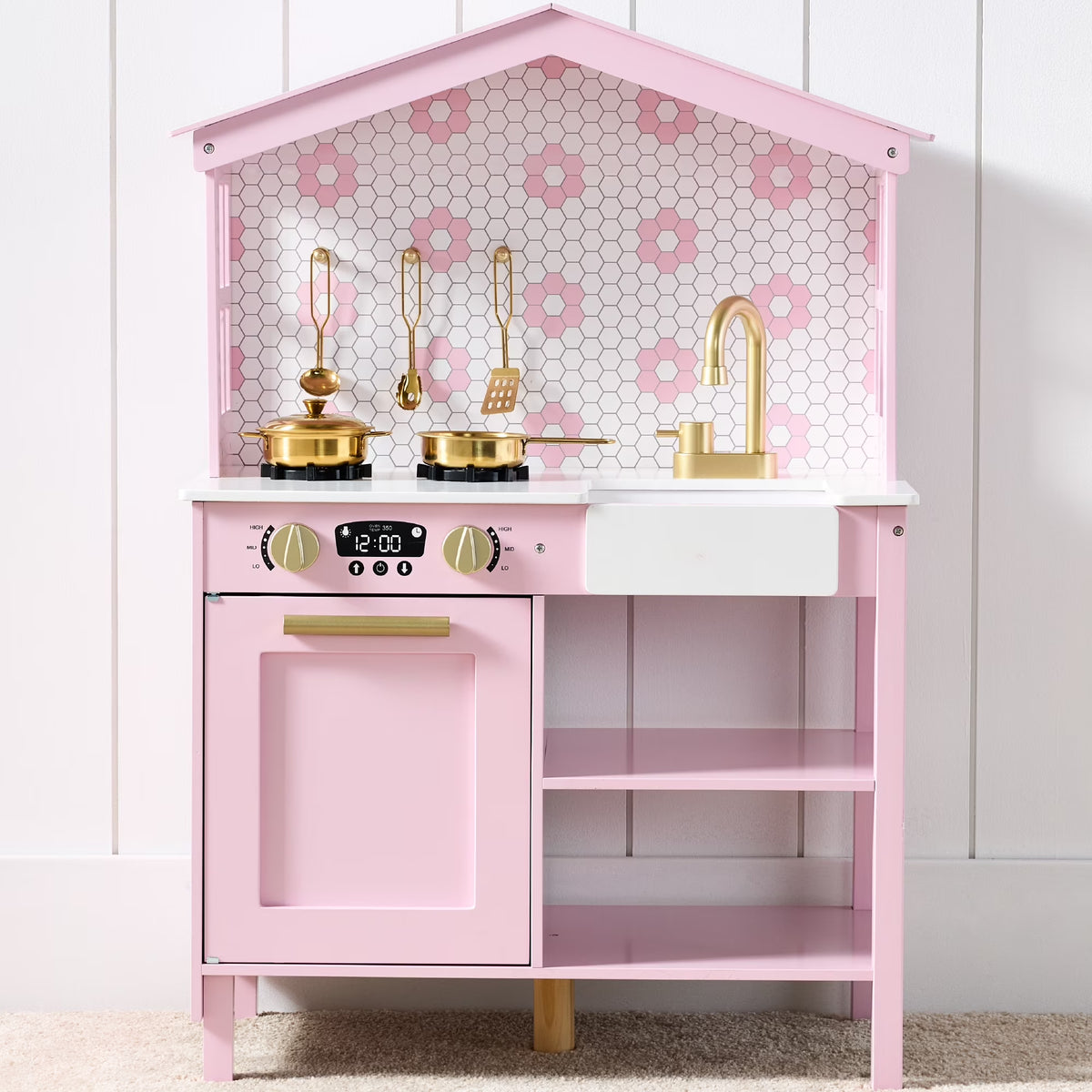 Best Choice Products Pretend Play Wooden Farmhouse Kitchen Set W/ Storage, Clicking Knobs, 5 Accessories - Rose