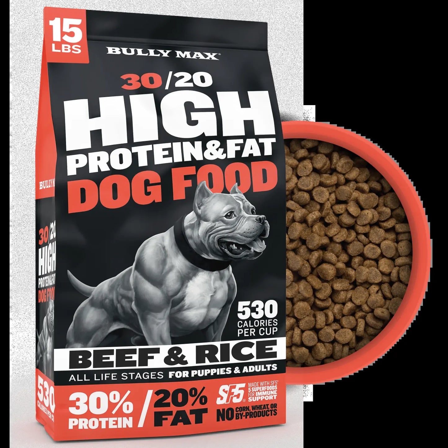 Bully Max 30/20 High Protein Beef Dog Food 15 Lbs - High Performance Filler-Free Formula - Supports Muscle Gain & Health - 530 Calories per Cup - No Corn, Wheat, or By-Products