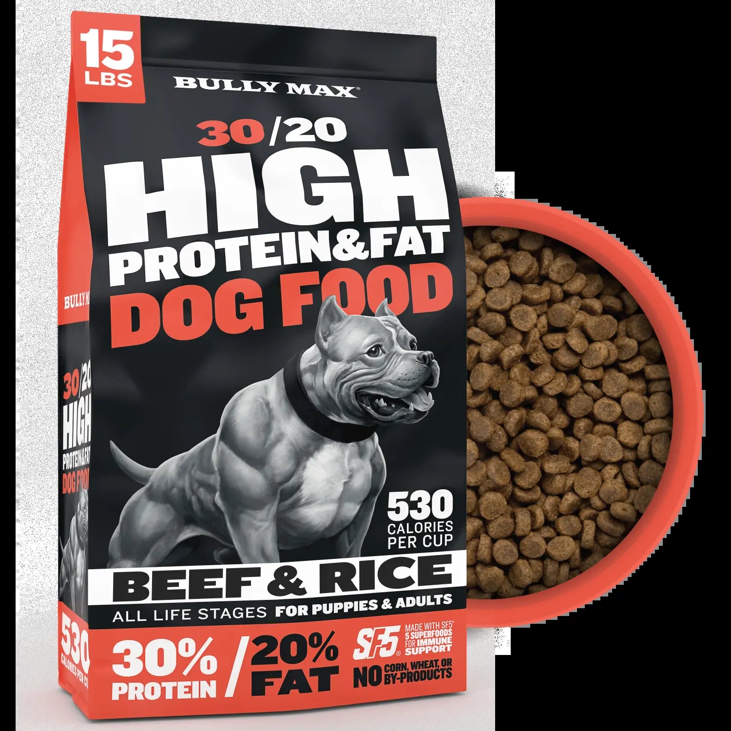 Bully Max 30/20 High Protein Beef Dog Food 15 Lbs - High Performance Filler-Free Formula - Supports Muscle Gain & Health - 530 Calories per Cup - No Corn, Wheat, or By-Products
