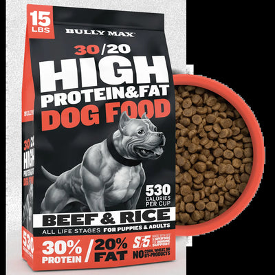 Bully Max 30/20 High Protein Beef Dog Food 15 Lbs - High Performance Filler-Free Formula - Supports Muscle Gain & Health - 530 Calories per Cup - No Corn, Wheat, or By-Products
